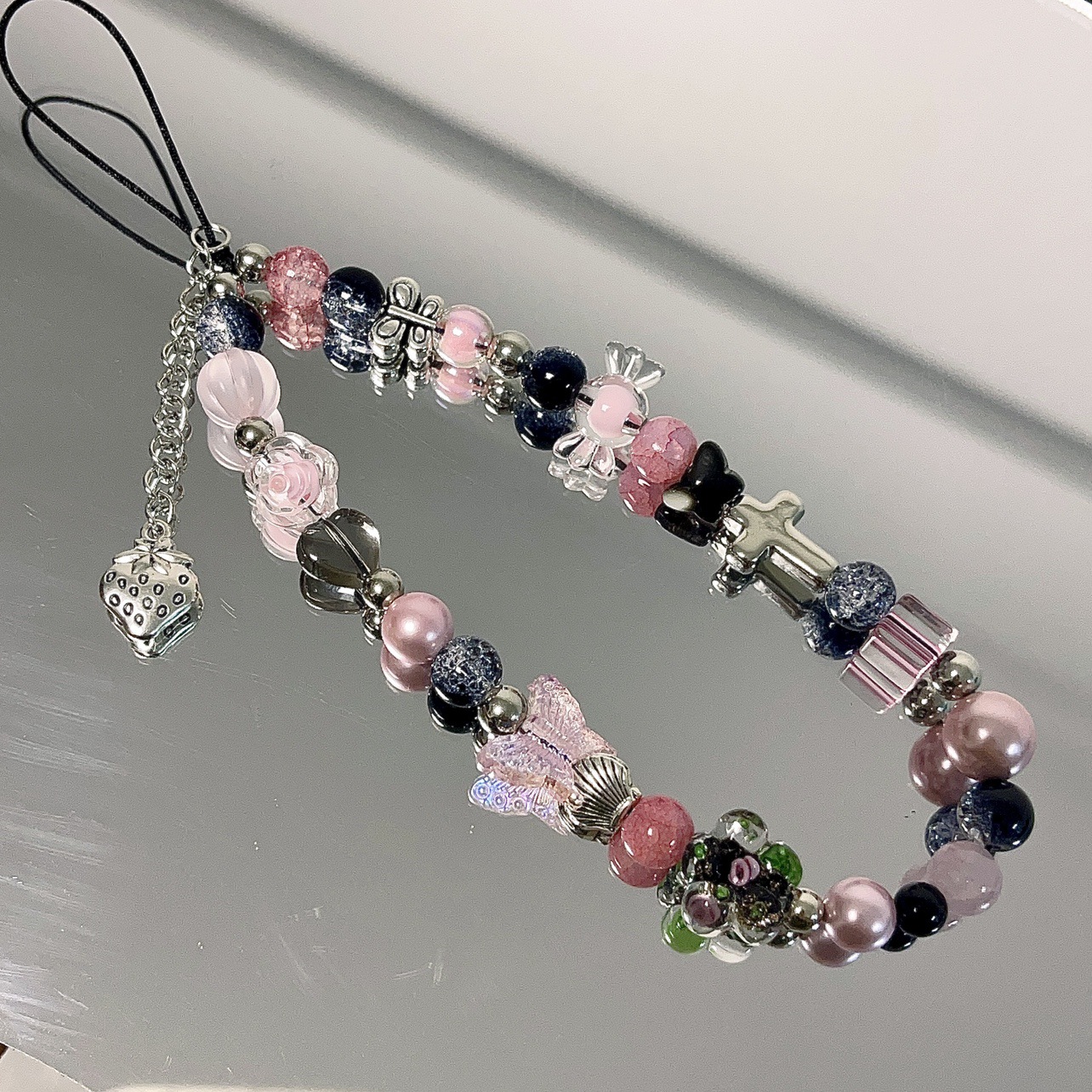 Camera Wrist Strap - INS Sweet Cool Black Pink Beaded