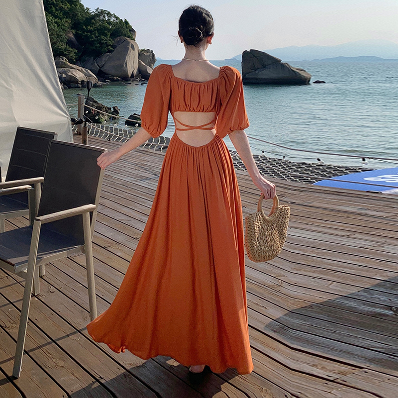 Photography Bali - Orange Bubble Sleeve Waist-Cinching Beach Dress